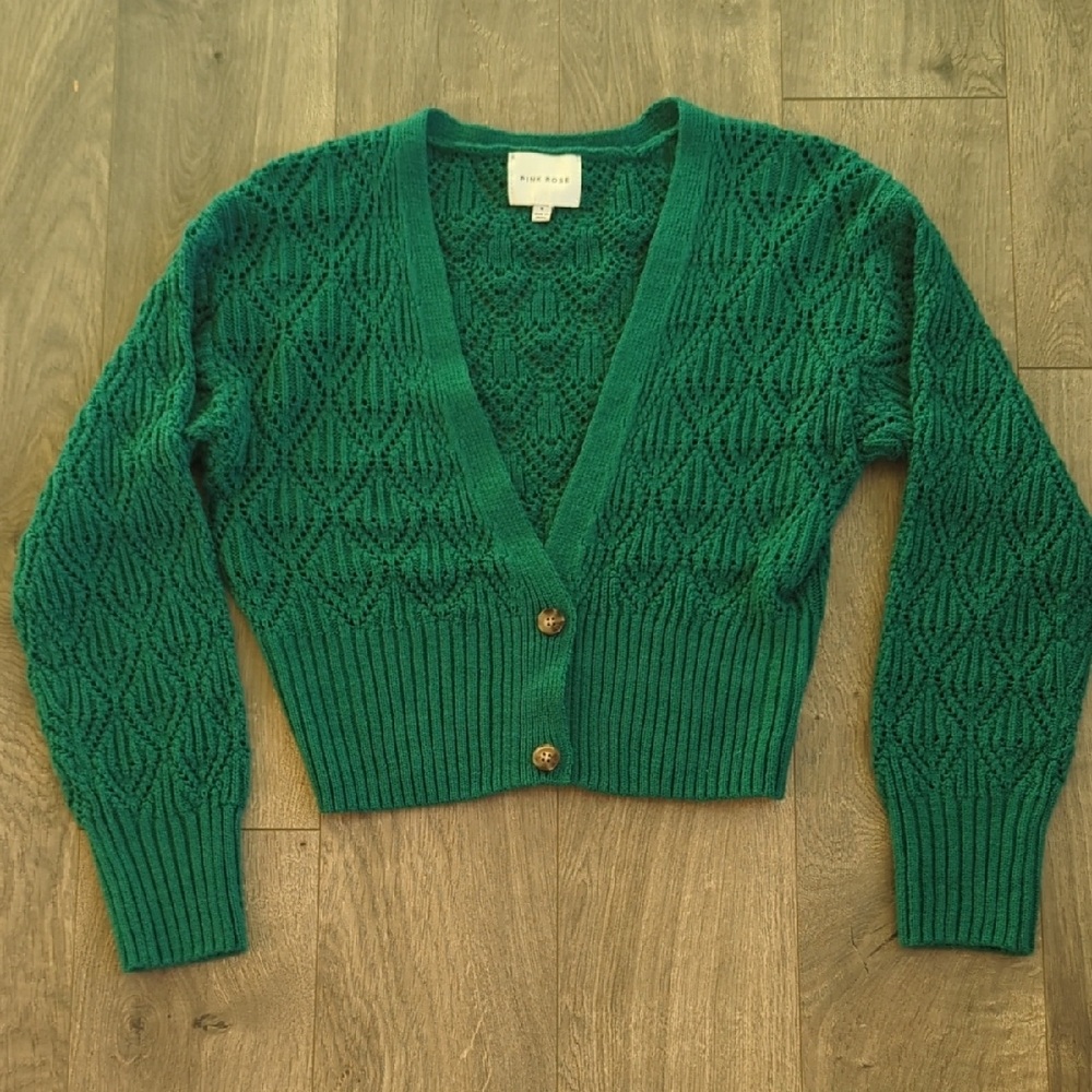 Pink Rose Green Knit Cropped Cardigan